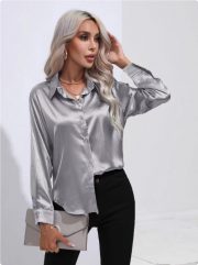 One Button Satin Shirt Temperament Long Sleeve Shirt — Dark green - Image 17