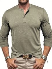 Men's Long-sleeved Henry Collar T-shirt — Matcha color