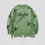 New Personality Street Jacquard Ripped Frayed Vintage Loose Sweater — Green