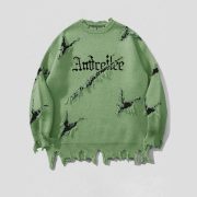 New Personality Street Jacquard Ripped Frayed Vintage Loose Sweater — Gray - Image 9