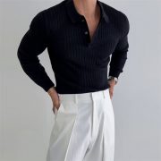 Lapel Button Long Sleeve Polo Shirt Slim Fashion Solid Striped Knitted Bottoming Shirt Top Men's Clothing — White - Image 2