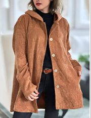 Women's Corduroy Hooded Jacket Fashion Warm Pockets Button Mid-length Top Casual Fall Winter Outwear Clothing — Black - Image 11