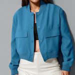 Fashion Button Stand-collar Jacket With Big Pockets Casual Loose Short Outwear Tops Coat For Women Clothing — Peacock blue