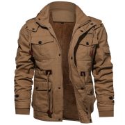 Winter Zip-up Coat Warm Thickened Detachable Hooded Jacket Multi-pocket  Button Drawstring Long Sleeve Tops Men's Cargo Clothing — Khaki - Image 11