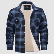 Fleece Lined Men's Jacket Long Sleeve Lapel Plaid — Khaki Grid - Image 7