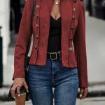 Women's Solid Color Double-breasted Decorative Deerskin Velvet Retro Long-sleeved Jacket — Red