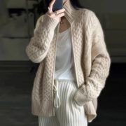 Women's Fashion Loose High Collar Short Knitted Cardigan — Beige - Image 2
