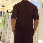 Fashion Mens Clothing Men's Hollow-out Breathable Short-sleeved Lapel Casual Shirt — Black - Image 3