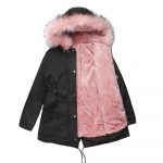 Parka Cotton-padded Coat Mid-length Hooded — Black Pink
