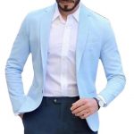 Cotton and linen solid color casual suit jacket — Light Blue
