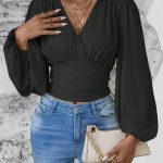 V-neck Sleeve Solid Color Pleated Women's Long-sleeved Top — Black