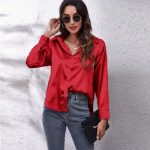 One Button Satin Shirt Temperament Long Sleeve Shirt — Red