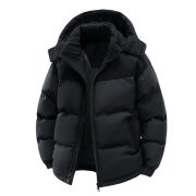 Detachable Hat Cotton-padded Coat For Couple Color Contrast Patchwork Thickened — Black