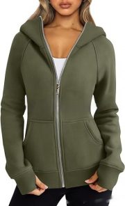 Women's Zipper Short Hood Fleece Lined Solid Color Hoodie Sweater — Army Green
