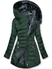 Women's Plush Hooded Mid-length Oblique Zipper Cotton-padded Coat — Dark Green
