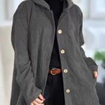 Women's Corduroy Hooded Jacket Fashion Warm Pockets Button Mid-length Top Casual Fall Winter Outwear Clothing — Grey