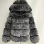 Women's Minimalist Hooded Patchwork Fur Grass Jacket — Silver fox