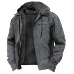 Winter Hooded Coat With Pockets Fashion Warm Fleece Zip-up Jacket Casual Outwear Men's Clothing — Gray