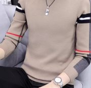 Slim-fit Contrast Colors Round Neck Base Knitwear Men's Sweater — 6766 Black - Image 5