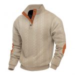 Stand Collar Long Sleeve Jacquard Knitted Pullover Sweater — Khaki 2