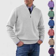 Men's Stand Collar Zipper Sweater Winter Fashion Solid Color Long Sleeve Knitted Top Clothing — Dark Purple - Image 2