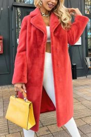 Women's Fashionable Elegant Lace-up Turn-down Collar Plush Long Coat — Red