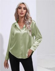 One Button Satin Shirt Temperament Long Sleeve Shirt — Dark green - Image 12