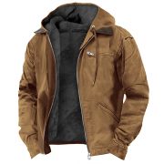 Winter Hooded Coat With Pockets Fashion Warm Fleece Zip-up Jacket Casual Outwear Men's Clothing — Camel - Image 2