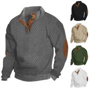 Stand Collar Long Sleeve Jacquard Knitted Pullover Sweater — Khaki 2 - Image 2