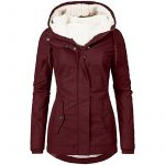 Solid Color Pocket Long-sleeve Zipper Fleece Padded Coat Women — Wine Red