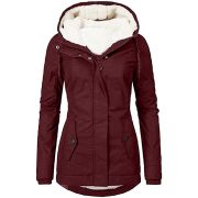 Solid Color Pocket Long-sleeve Zipper Fleece Padded Coat Women — Wine Red