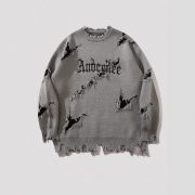 New Personality Street Jacquard Ripped Frayed Vintage Loose Sweater — Gray - Image 4