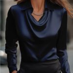 Collared Long-Sleeve Shirts Fashion Commuter Solid Color Blouse Casual Business Tops Women's Clothing — Navy Blue