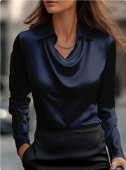 Collared Long-Sleeve Shirts Fashion Commuter Solid Color Blouse Casual Business Tops Women's Clothing — Grey - Image 13