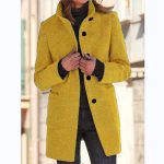 Fashion Stand Collar Woolen Coat With Pockets Fall Winter Casual Button Outwear For Women Clothing — Yellow