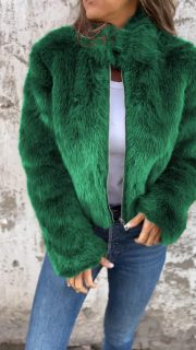 Fashion Stand Collar Plush Jacket Winter Casual Turtleneck Zipper Coat Fleece Tops Women's Clothing — Green