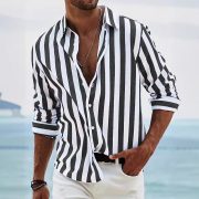 Men's Yarn-dyed Striped Casual Loose Long-sleeved Shirt — HDCS05 Dark Gray - Image 5