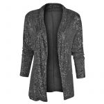 Women's Sequin Long Sleeve Temperament Mid-length Polo Collar Solid Color Coat — Black