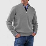 Men's Stand Collar Zipper Sweater Winter Fashion Solid Color Long Sleeve Knitted Top Clothing — Light Gray