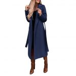 Woolen Coat Simple Fashion V-neck Lace Up Long Coat For Women — Dark Blue