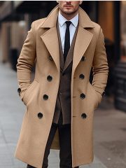 Fall Winter Men Woolen Coat Double Breasted Long — Khaki - Image 4
