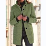 Fashion Stand Collar Woolen Coat With Pockets Fall Winter Casual Button Outwear For Women Clothing — Pea Green