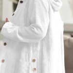 Women's Corduroy Hooded Jacket Fashion Warm Pockets Button Mid-length Top Casual Fall Winter Outwear Clothing — White