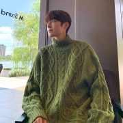 Japanese-style Retro Green Jacquard Turtleneck Sweater — Black - Image 9