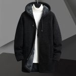 Fall Winter Men Fleece-lined Mid-length Zipper Hooded Sweater Cardigan — Black