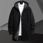 Fall Winter Men Fleece-lined Mid-length Zipper Hooded Sweater Cardigan — Dark Gray - Image 2
