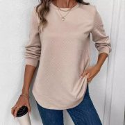 Women's Crew Neck Casual Long Sleeve Shirt — Khaki - Image 3