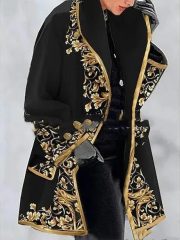 Women's Large Lapel Digital Printing Woolen Coat — Black