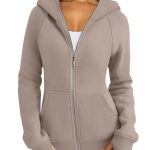 Women's Zipper Short Hood Fleece Lined Solid Color Hoodie Sweater — Khaki