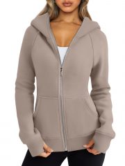 Women's Zipper Short Hood Fleece Lined Solid Color Hoodie Sweater — Army Green - Image 20